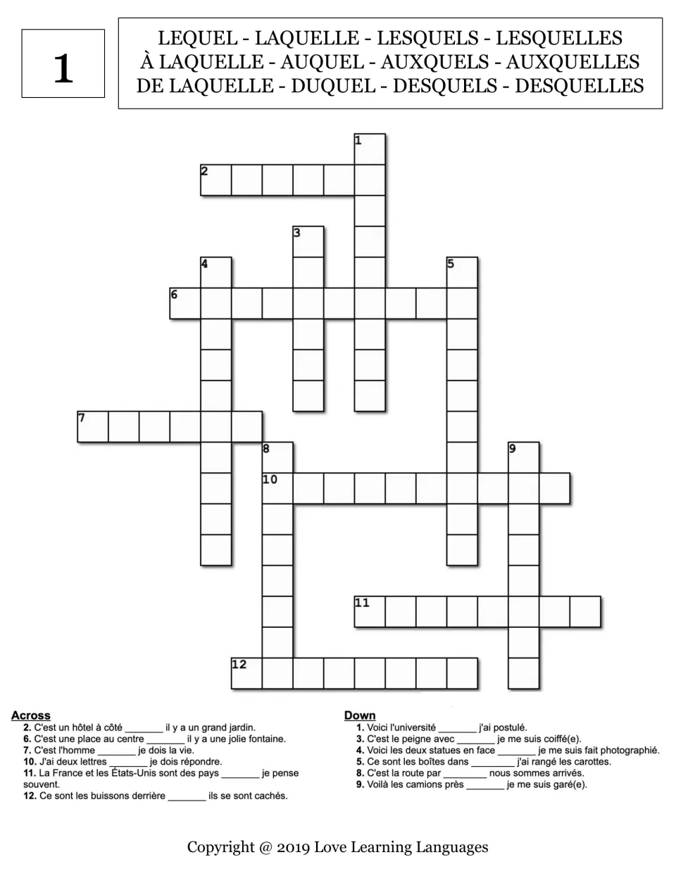 French compound relative pronouns crossword: students complete 12 clue sentences with forms of lequel, auquel, duquel