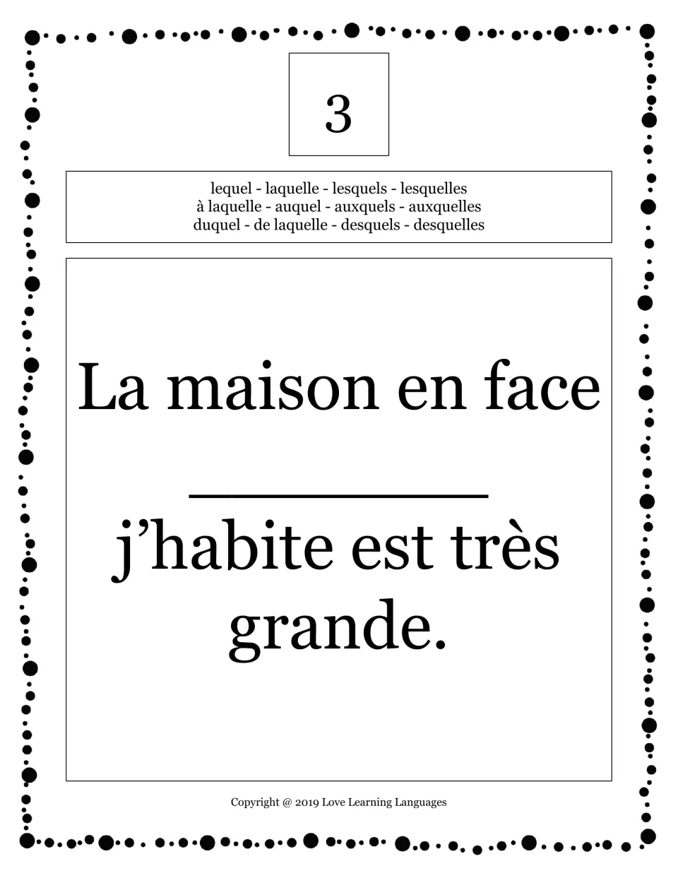 Card 3: students pick a pronoun from the bank to complete "La maison en face ___ j'habite est très grande."