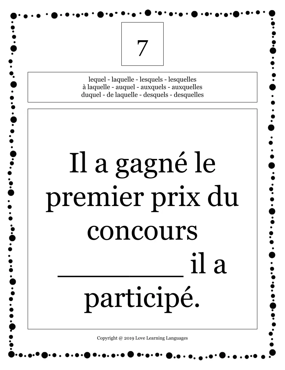 Card 7: students complete "Il a gagné le premier prix du concours ___ il a participé." using a pronoun with à