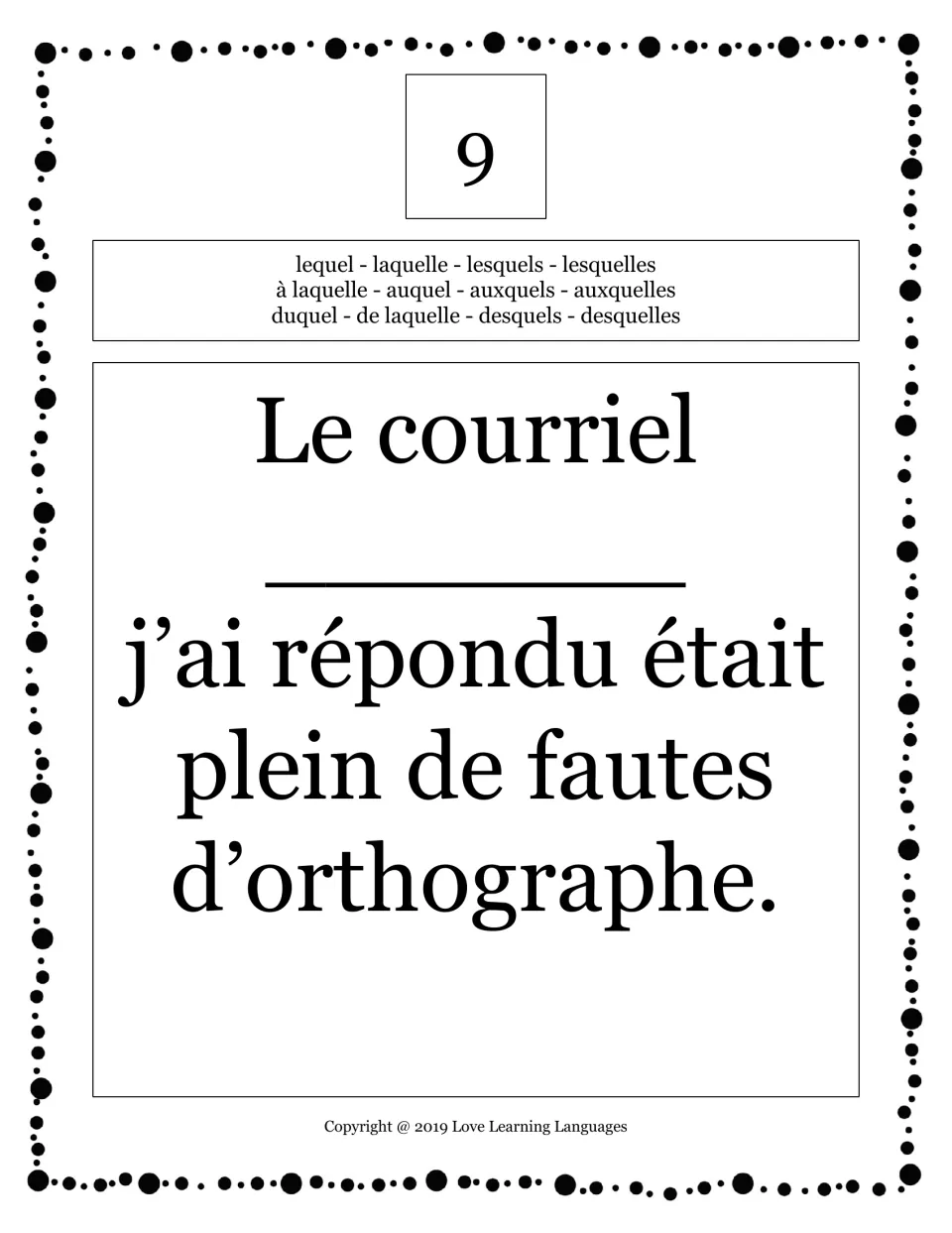 Card 9: students complete "Le courriel ___ j'ai répondu était plein de fautes d'orthographe." with a fitting pronoun