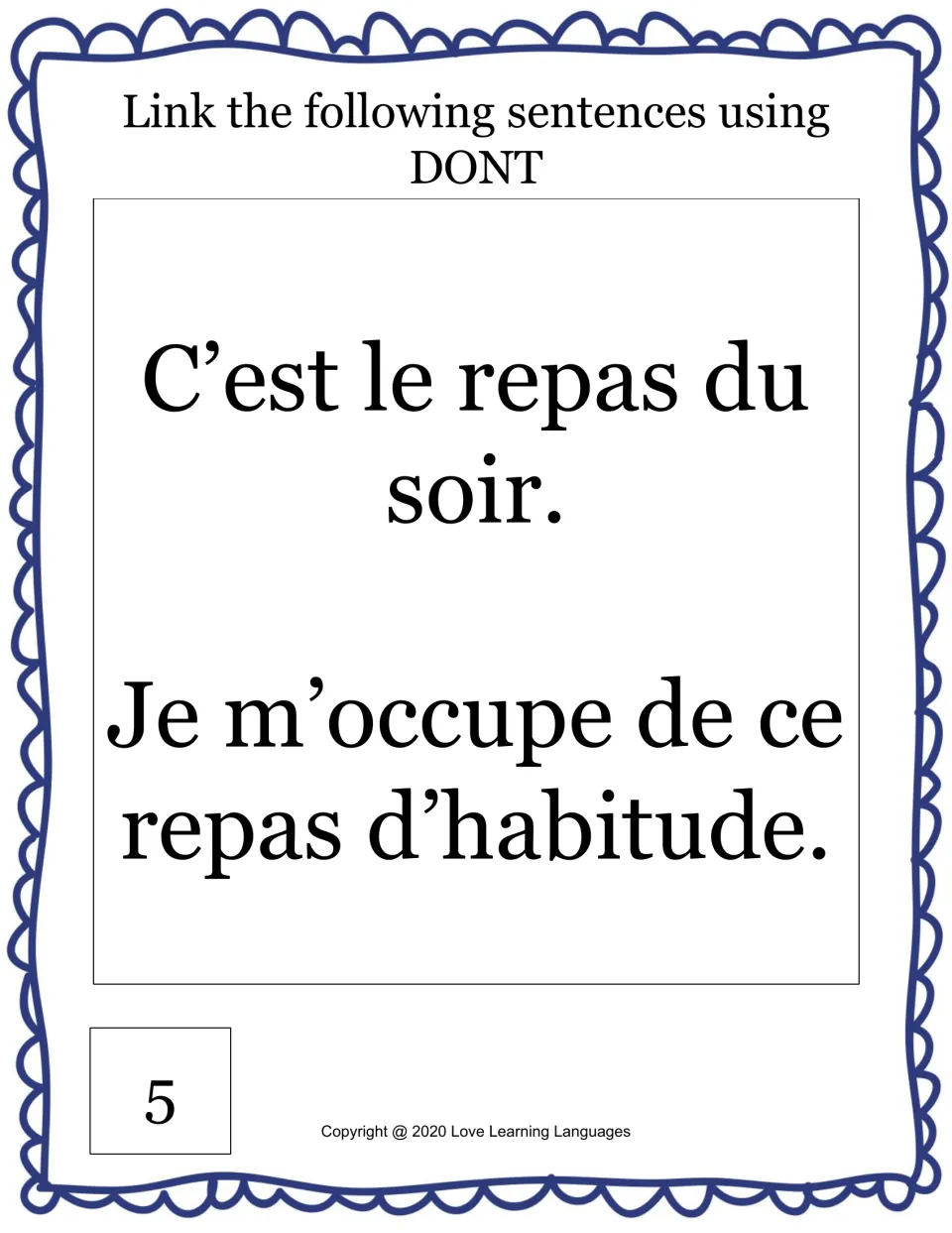 Card 5, dont practice: students combine "C'est le repas du soir" with "Je m'occupe de ce repas d'habitude"