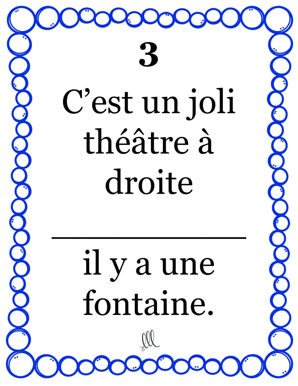 Relative pronoun card 3: students choose dont or duquel for “C’est un joli théâtre à droite ___ il y a une fontaine.”