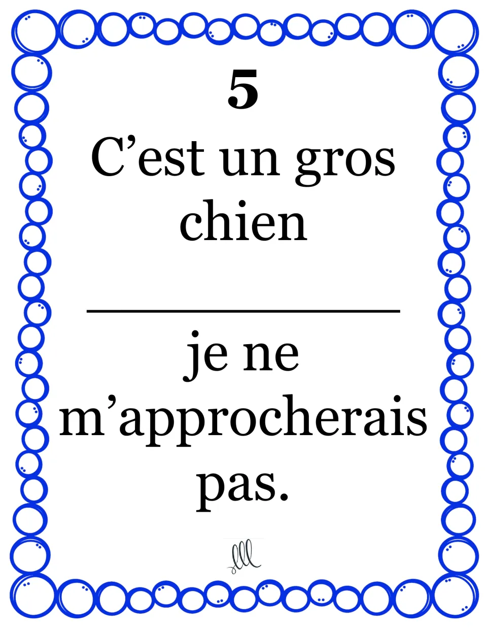 Relative pronoun card 5: students choose dont or duquel for “C’est un gros chien ___ je ne m’approcherais pas.”