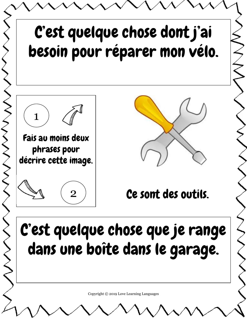 French relative pronouns dont and que: students describe a wrench and screwdriver in two sentences using the clues