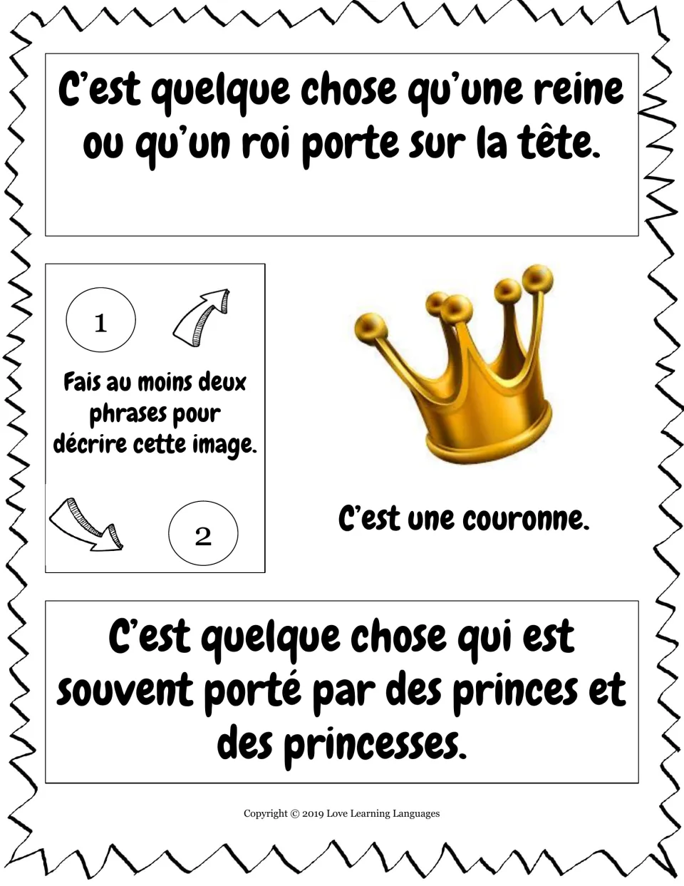 French relative pronouns qui and que: students describe a gold crown in two sentences using the printed clues