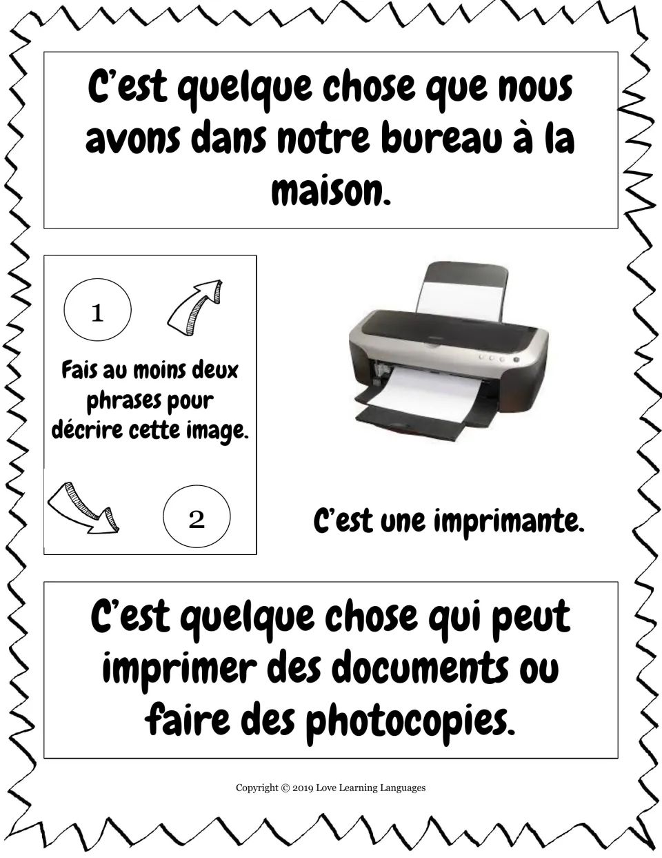 French relative pronouns que and qui: students describe a printer in two sentences using the home-office clues