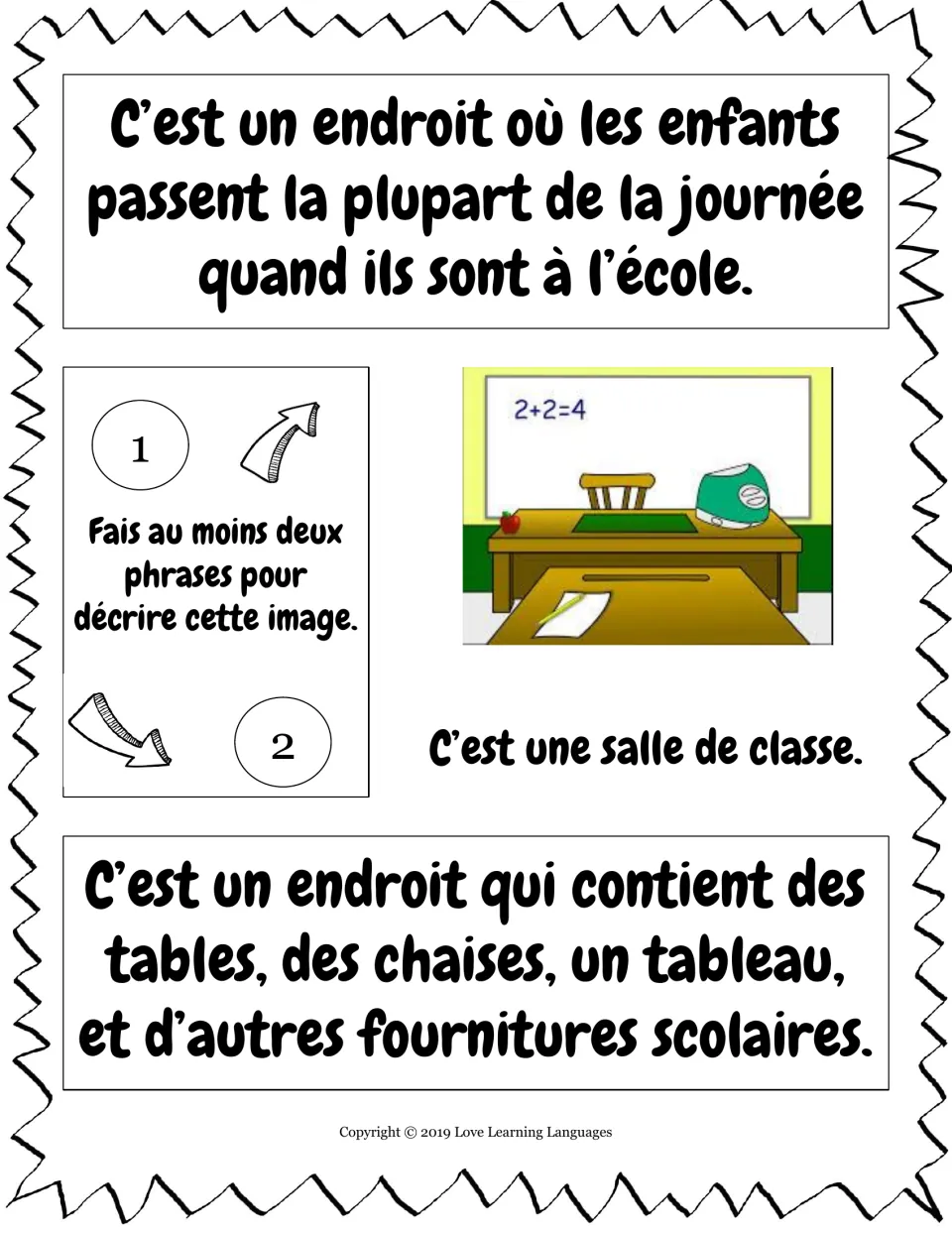 French relative pronouns où and qui: students describe a classroom with desk and whiteboard in two sentences