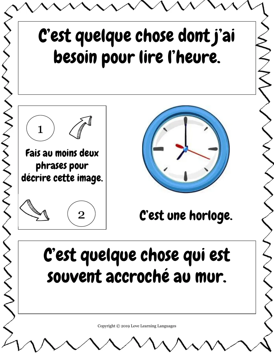 French relative pronouns dont and qui: students describe a wall clock in two sentences using the printed clues