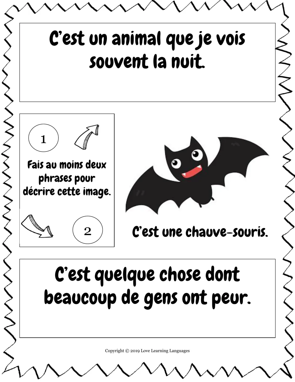 French relative pronouns que and dont: students describe a cartoon bat in two sentences using the night-time clues