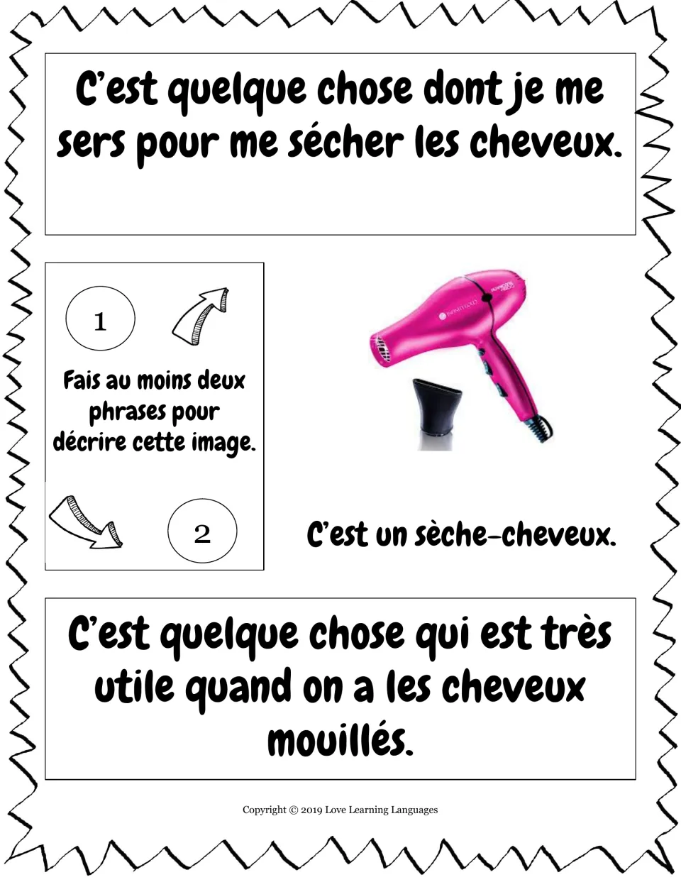 French relative pronouns dont and qui: students describe a pink hair dryer in two sentences using the clues