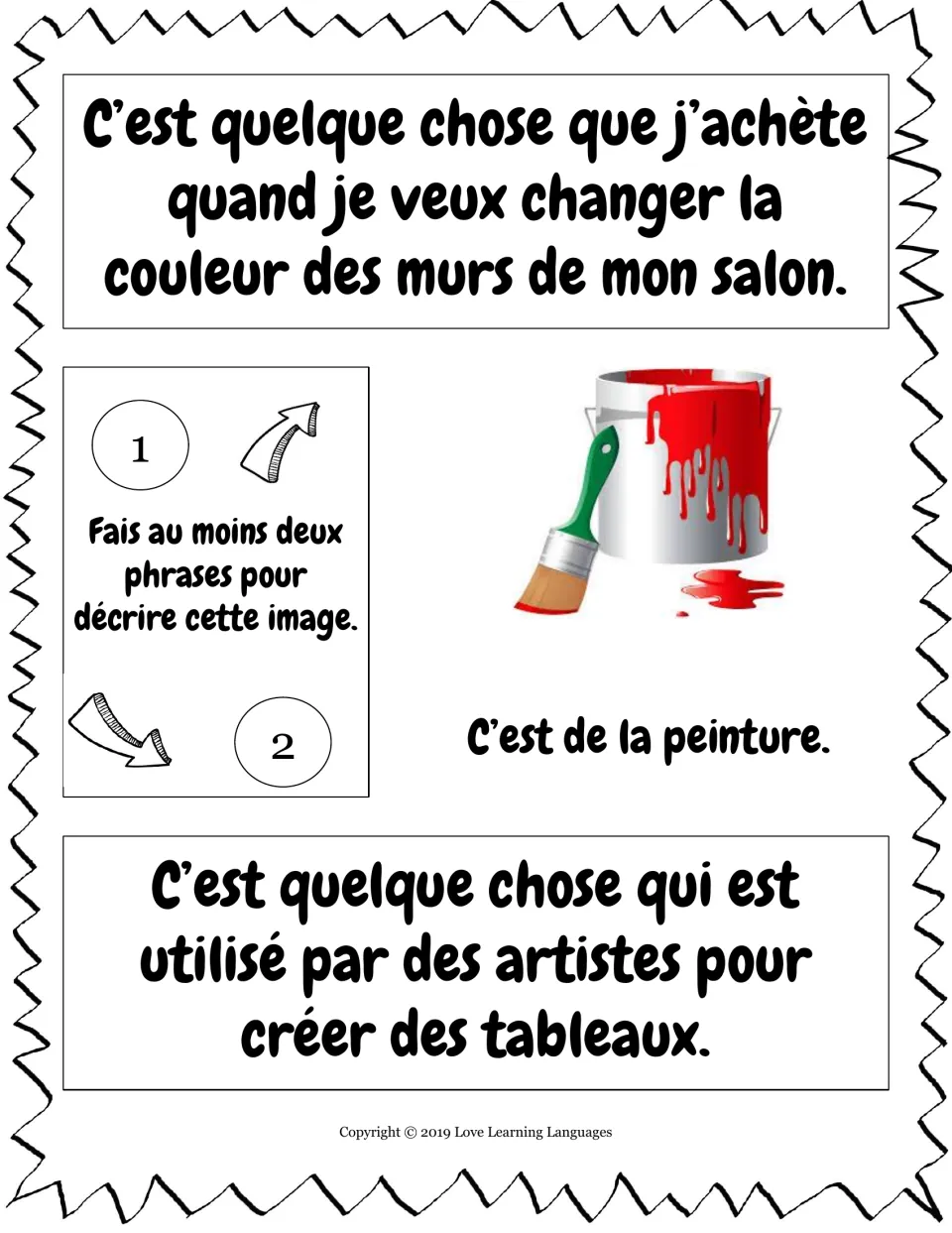 French relative pronouns que and qui: students describe a can of red paint and a brush in two sentences