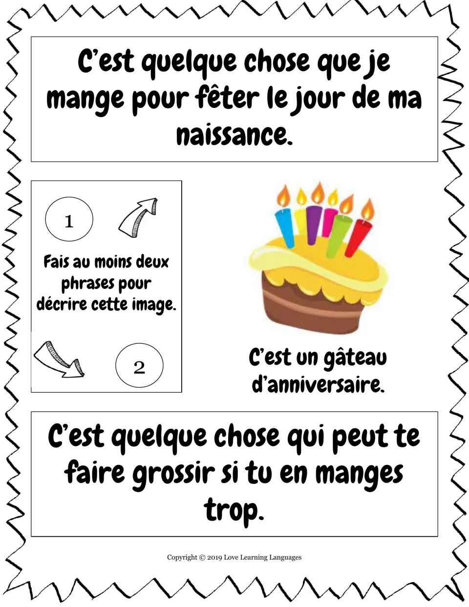 French relative pronouns que and qui: students describe a birthday cake with candles in two sentences