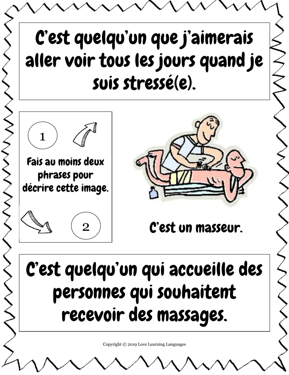 French relative pronouns que and qui: students describe a masseur giving a massage in two sentences using the clues
