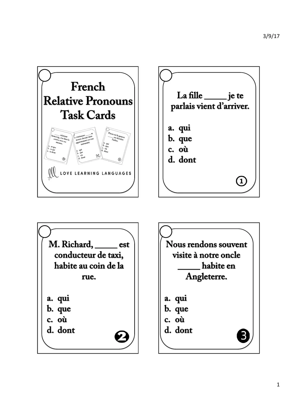 French relative pronouns title card and cards 1-3: students choose qui, que, où or dont to complete each sentence