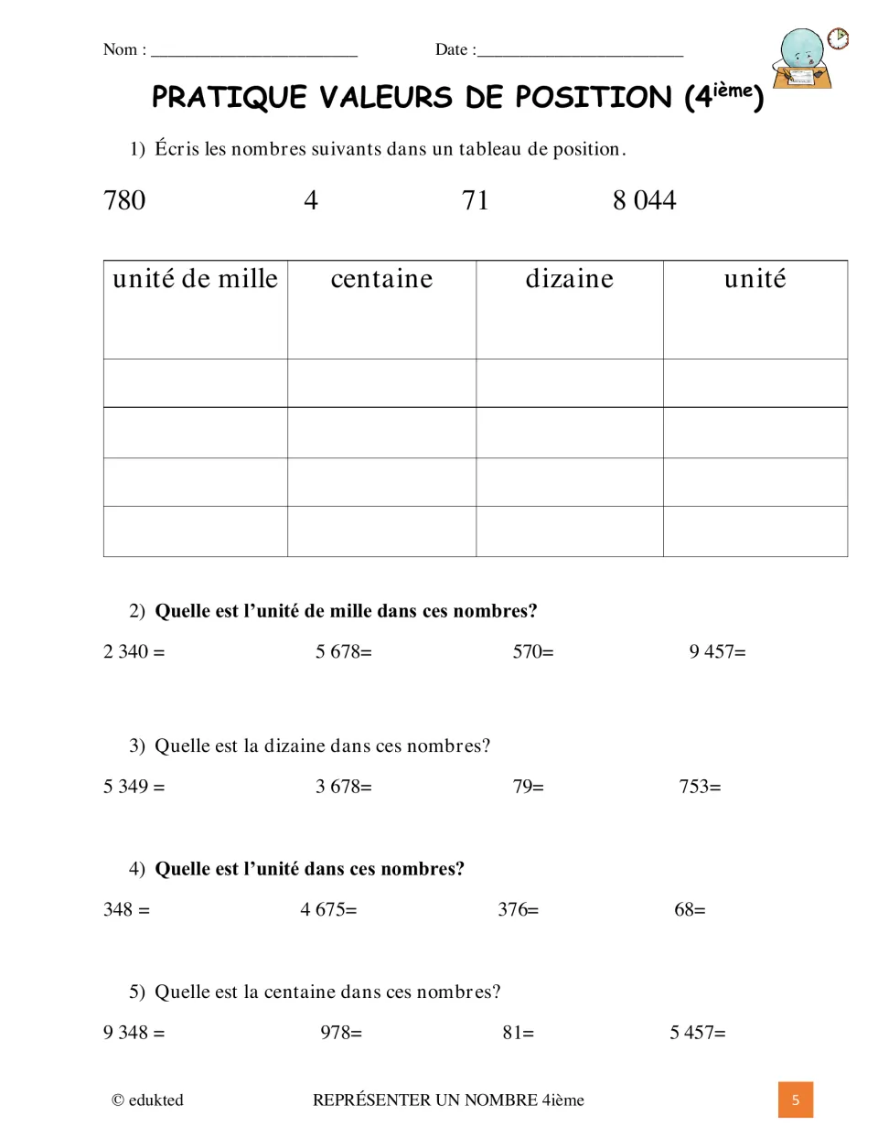 French place value practice asks students to place 780, 4, 71, and 8,044 and identify digits by position