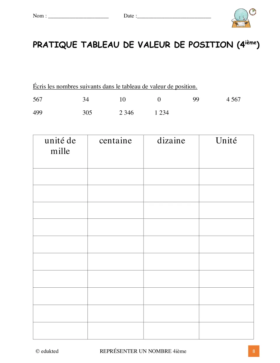 French place value chart practice asks students to represent 10 numbers, including 567, 0, and 4,567