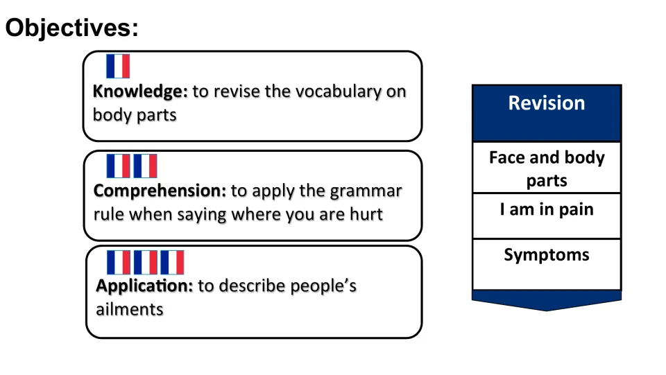 Lesson objectives: review French body parts, apply grammar to say where you hurt, and describe ailments