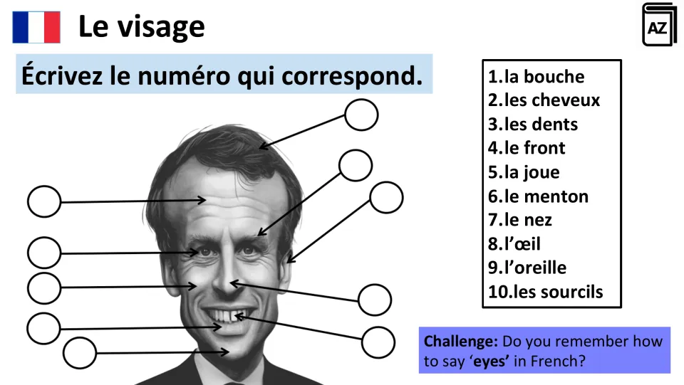 French face vocabulary practice: match 10 terms, including la bouche (mouth) and le nez (nose), to a face