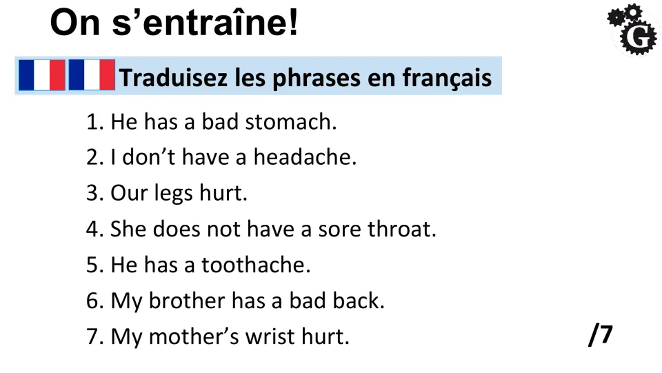French translation practice: seven English sentences about stomach pain, headaches, and other ailments
