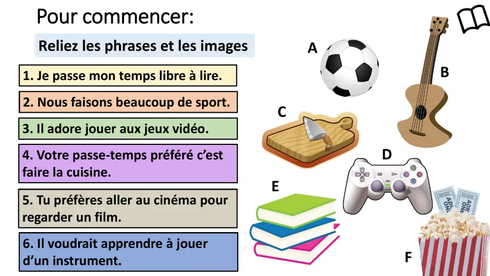 French starter activity matching six hobby sentences to pictures of reading, sports, gaming, and more