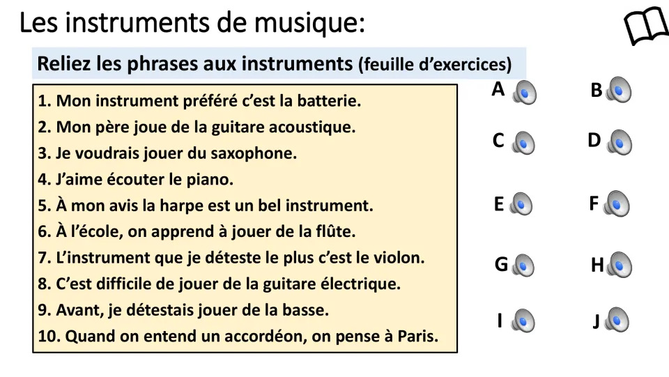 French instrument activity matching ten sentences to audio clips A–J, including drums, guitar, and piano