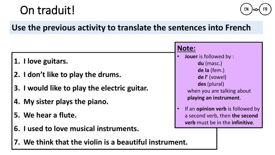 French translation practice: seven English sentences about instruments, with jouer de and infinitive notes