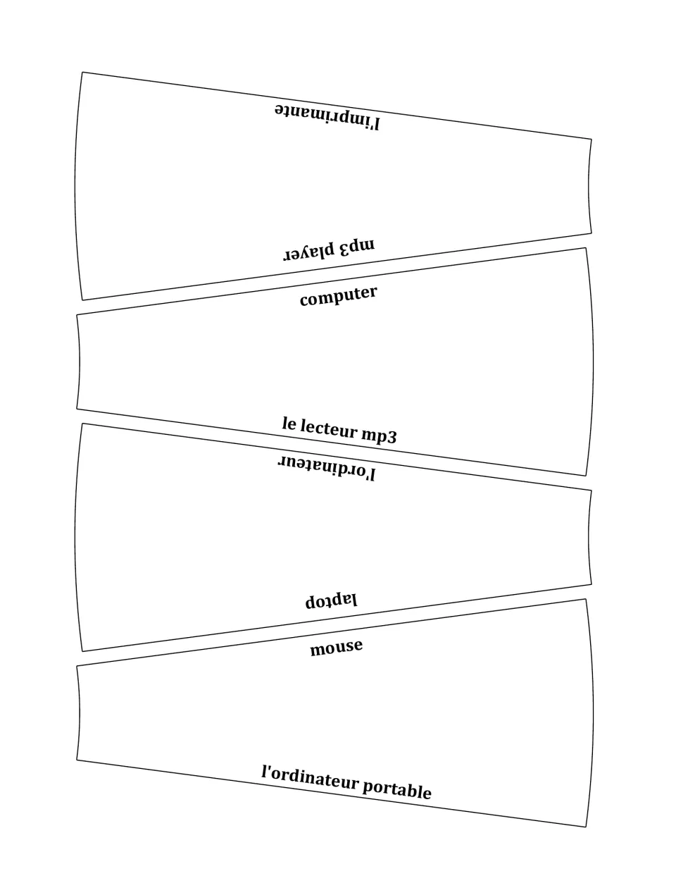 French technology vocabulary cards 5–8: mp3 player, computer, laptop, and mouse, with French matching terms.