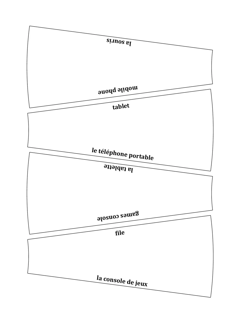 French technology vocabulary cards 9–12: mobile phone, tablet, games console, and file, with French terms.
