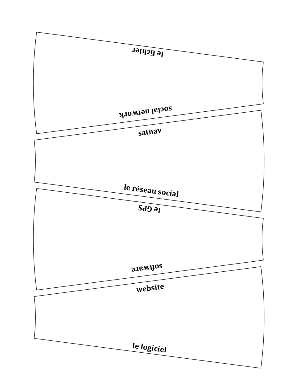French technology vocabulary cards 13–16: social network, satnav, software, and website, with French terms.