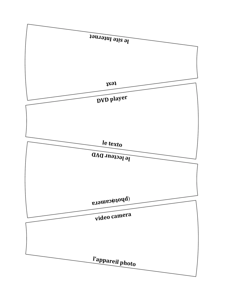 French technology vocabulary cards 17–20: text, DVD player, photo camera, and video camera, with French terms.