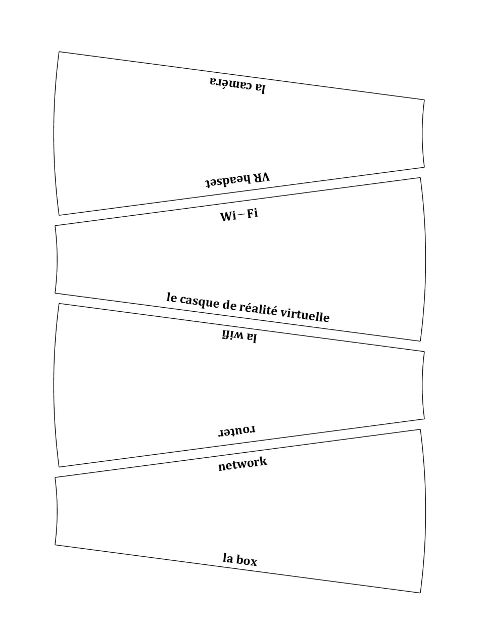 French technology vocabulary cards 21–24: VR headset, Wi-Fi, router, and network, with French matching terms.