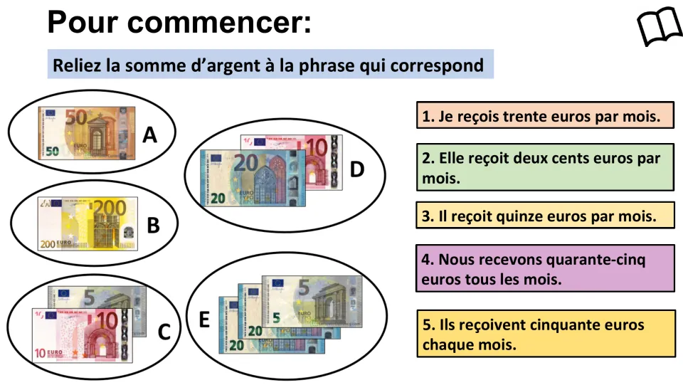 French pocket money starter: match five euro banknote amounts to sentences about monthly allowances.