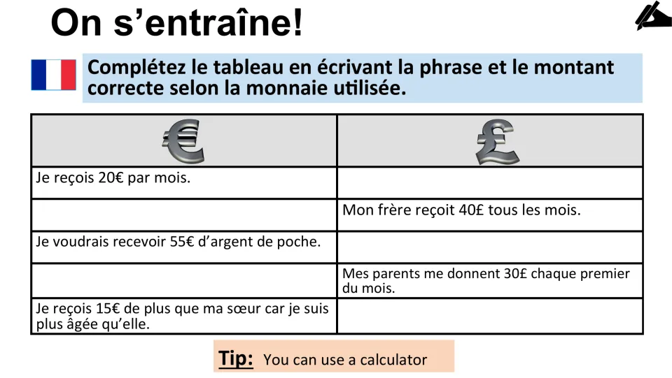 French currency practice: complete five allowance sentences by converting amounts between euros and pounds.