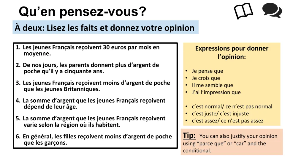 French paired speaking task: discuss six pocket money statements using opinion phrases and justifications.