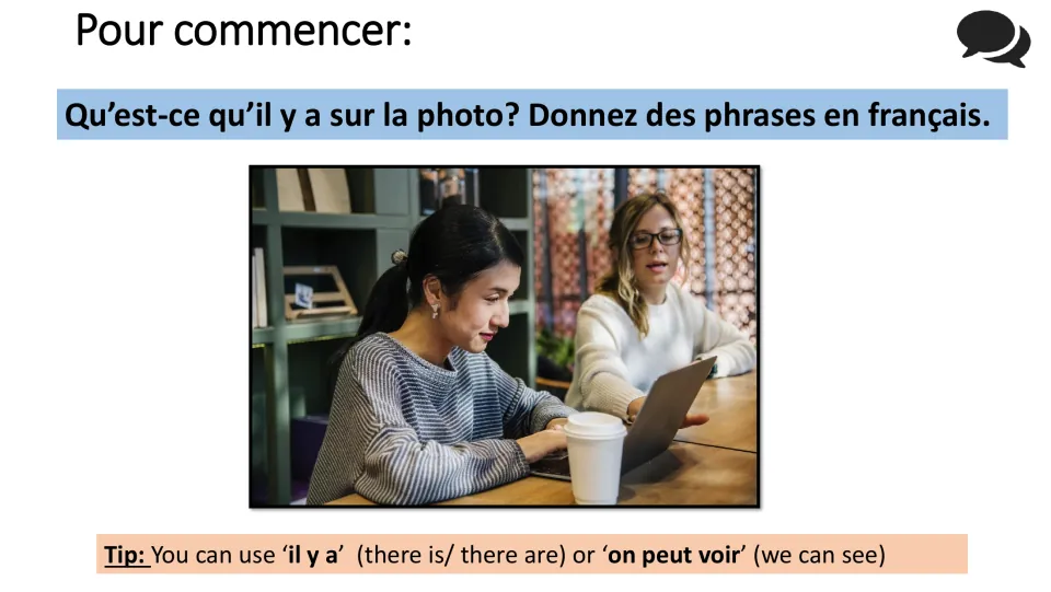 French speaking starter: describe two women using a laptop, with il y a (there is) and on peut voir (we can see)