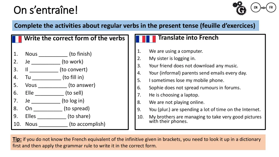 French present-tense practice: 10 verb conjugation prompts and 10 English sentences to translate about technology