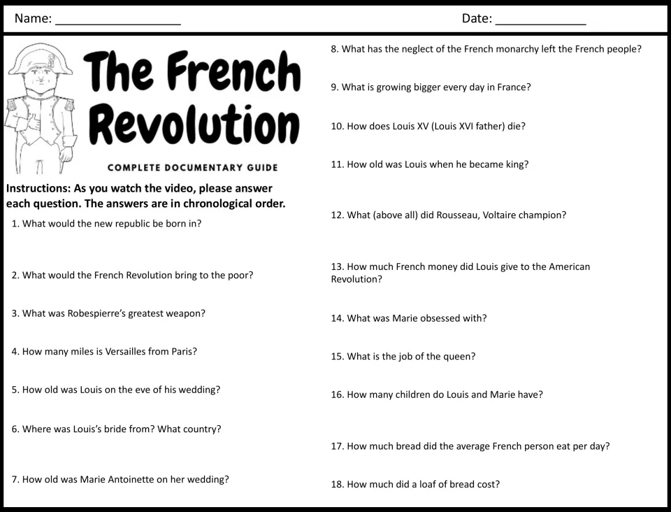 French Revolution documentary guide: students answer questions 1-18 on Louis XVI, Marie Antoinette and bread prices