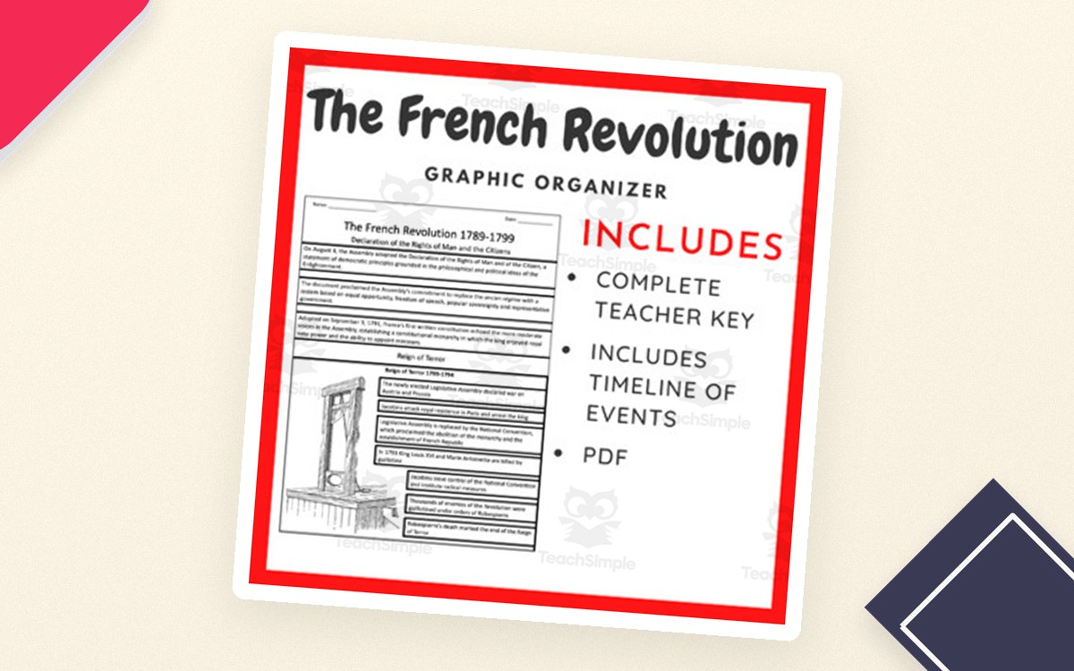 French Revolution graphic-organizer cover with completed key, student version, and timeline notes.