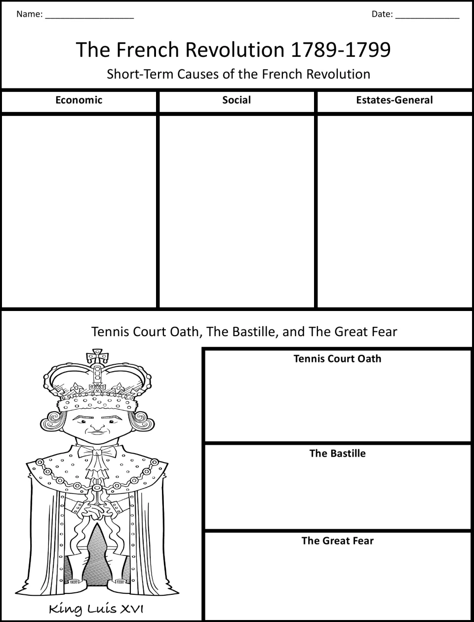 Short-term causes: students list economic, social and Estates-General causes and summarize the Tennis Court Oath and Bastille