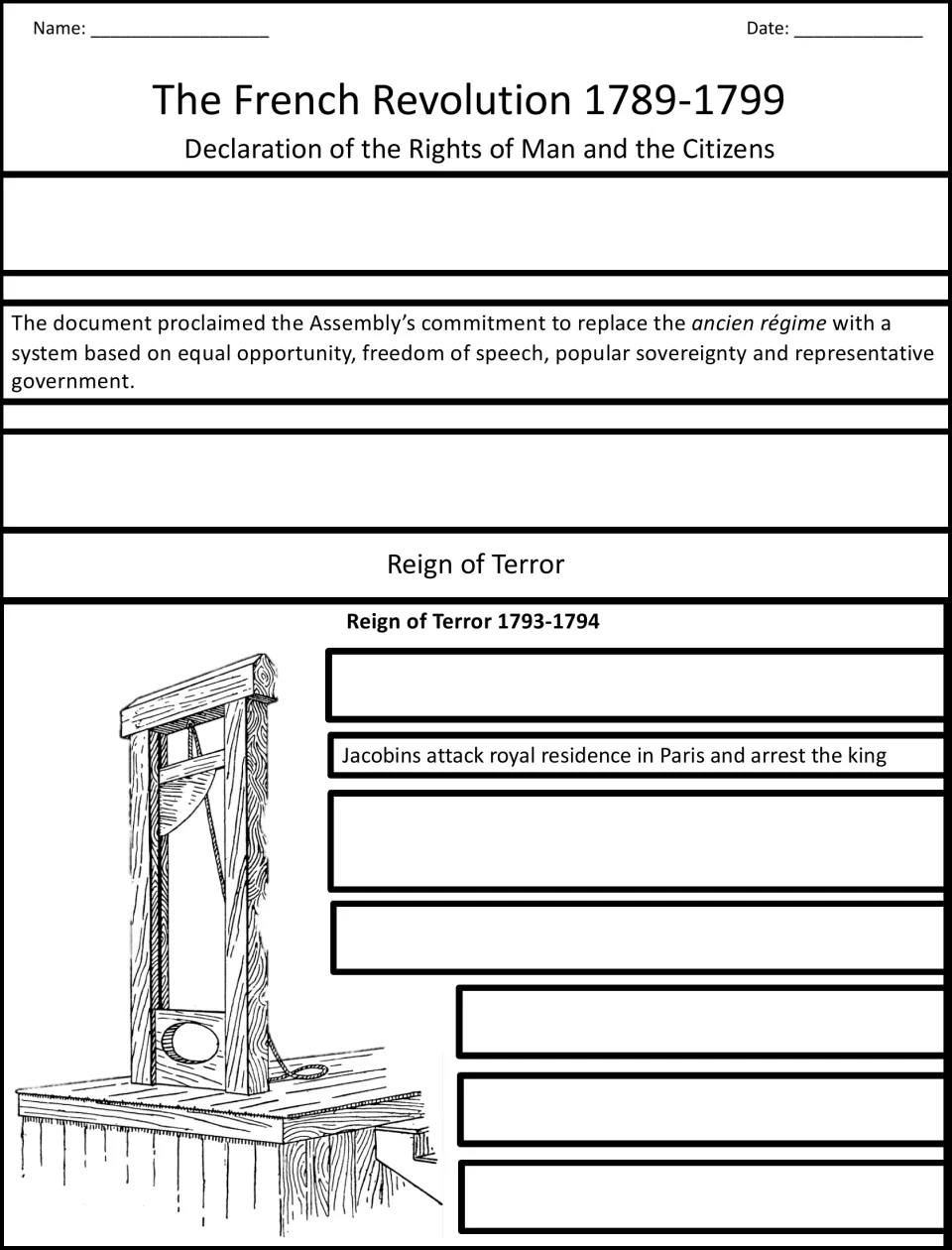 Rights of Man and Reign of Terror: students complete missing notes on the 1791 constitution and six 1793-1794 events