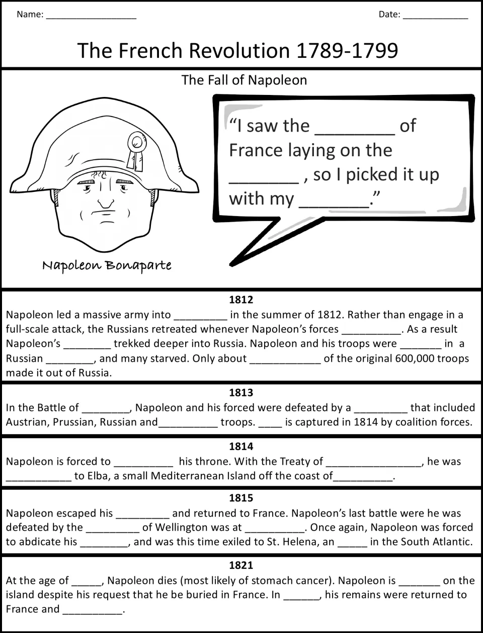 Fall of Napoleon cloze: students fill blanks in his crown quote and an 1812-1821 timeline of Russia, Leipzig and Waterloo