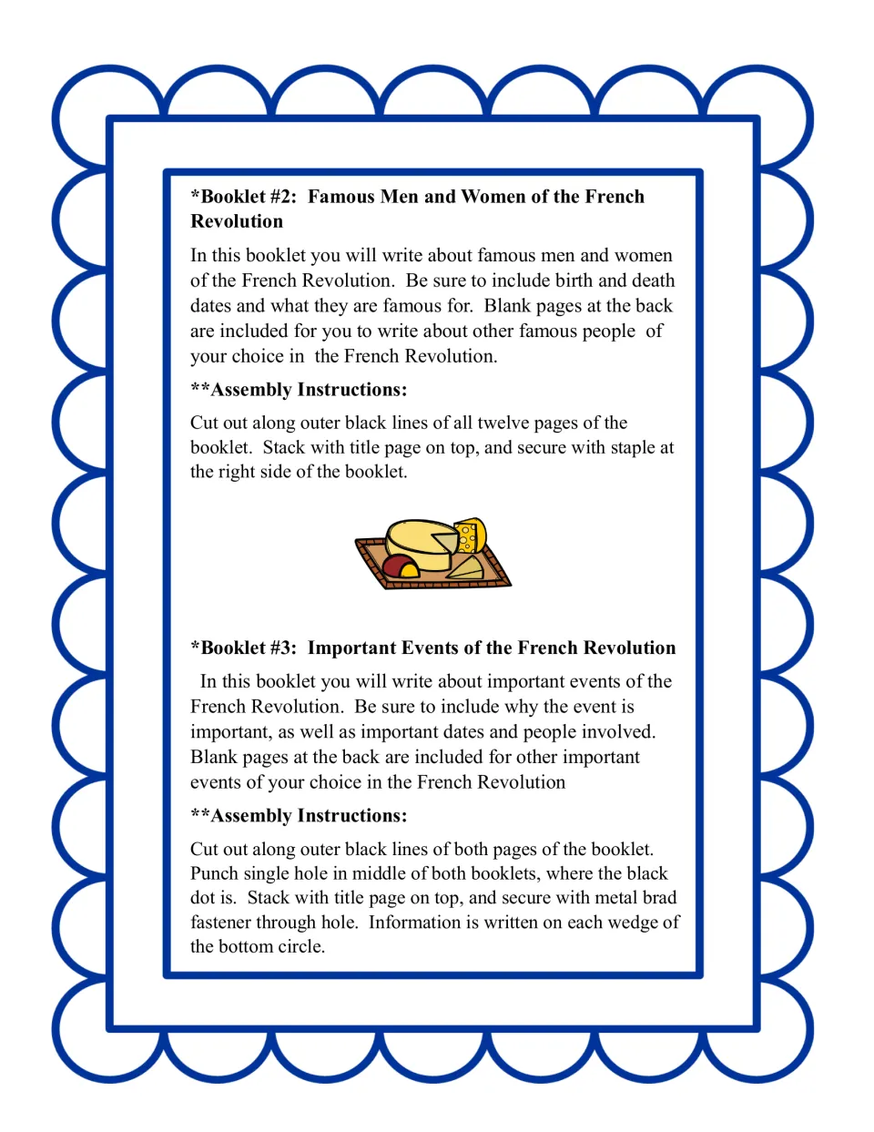 Instructions for the French Revolution people and events booklets, including writing prompts and assembly