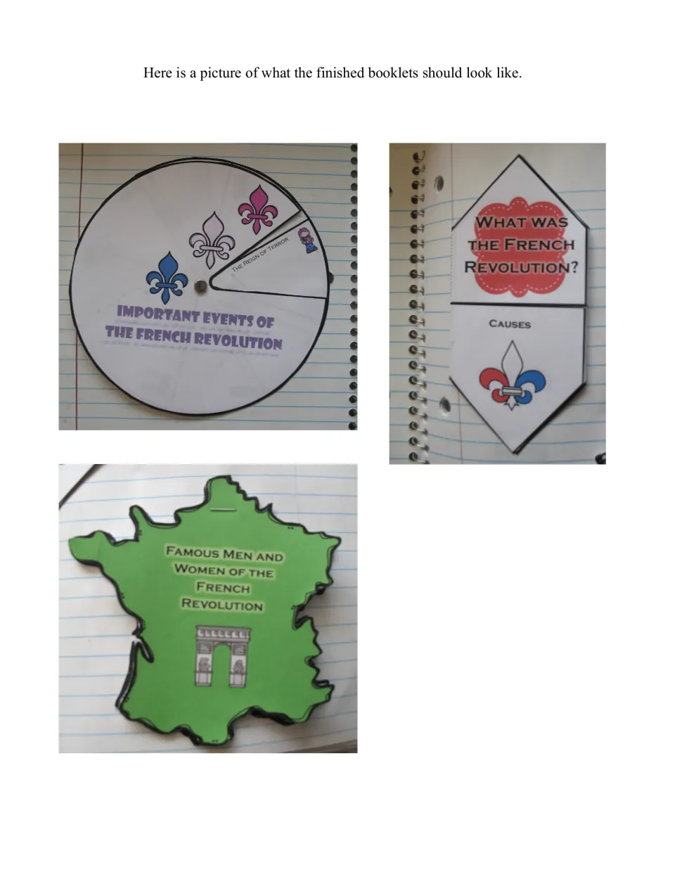 Finished booklet examples show the French Revolution events wheel, causes foldable, and people booklet