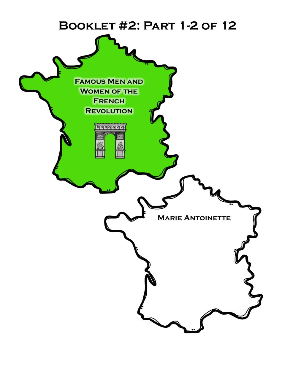 People booklet pieces 1–2 of 12: a title piece and a France-shaped writing page labeled Marie Antoinette