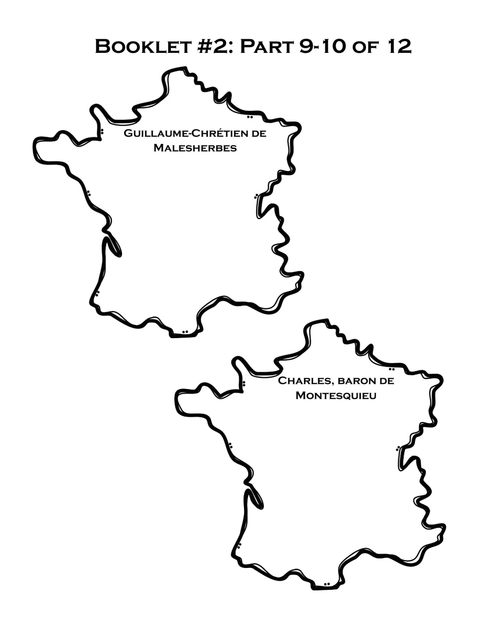 People booklet pieces 9–10 of 12: France-shaped writing pages for Malesherbes and Charles, baron de Montesquieu