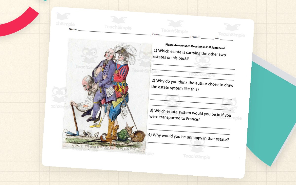 French Revolution political-cartoon worksheet with a Three Estates image and four analysis questions.