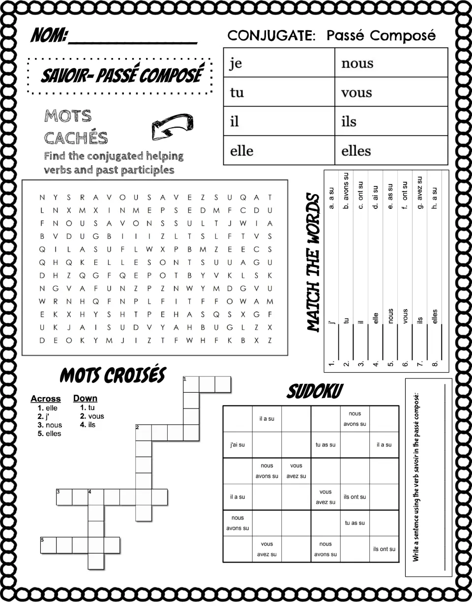 French savoir (to know) practice: passé composé conjugation, word search, matching, crossword, Sudoku, and writing