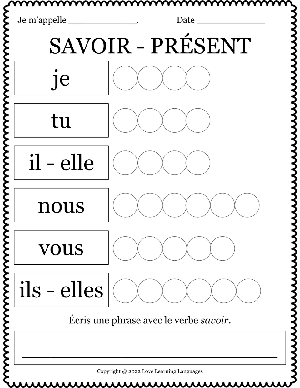 French savoir (to know) present-tense practice for six pronouns, plus a prompt to write a sentence.