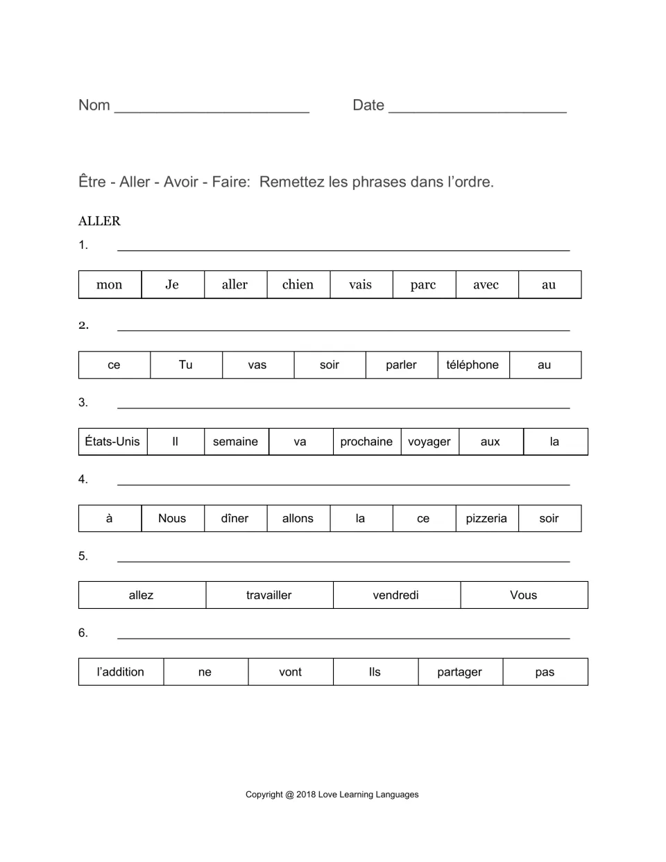 ALLER scrambled sentences: students reorder word tiles into six French sentences with aller, such as going to the park