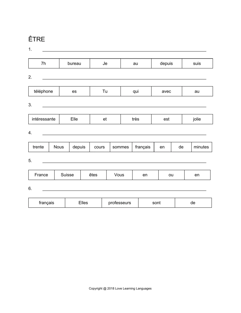 ÊTRE scrambled sentences: students unscramble six sets of word tiles into French sentences with suis, es, est and sont